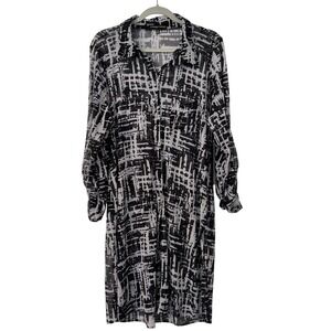 Always Indigo Sheer Shirt Dress Womens 2X Black White Long Sleeve Artsy Abstract